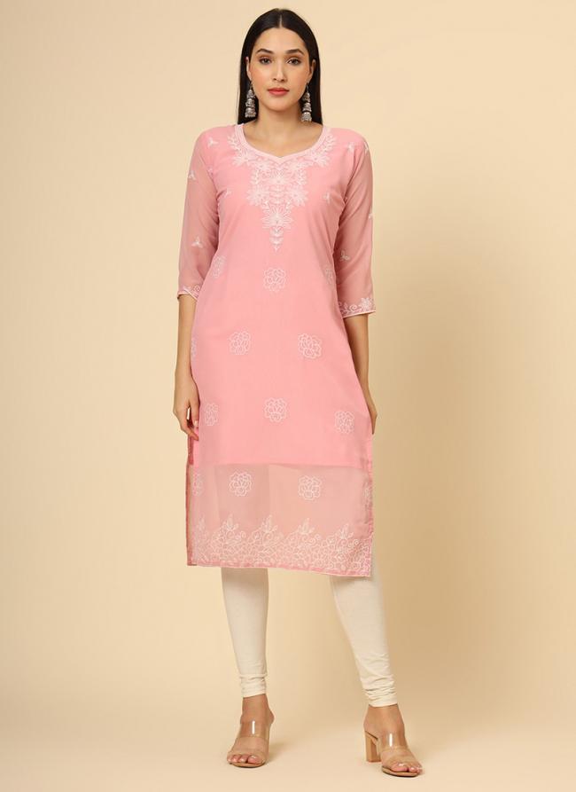 Georgette Pink Casual Wear Embroidery Work Readymade Kurti